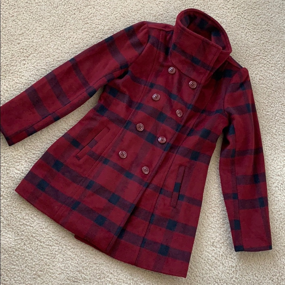Red plaid pea coat
